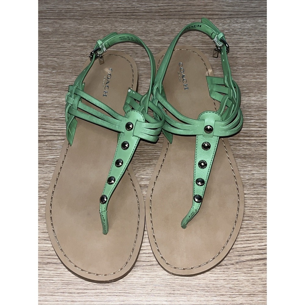 Coach Caleigh Soft Veg Leather Sandals 10 M Pistachio Green Silver Studs Thong